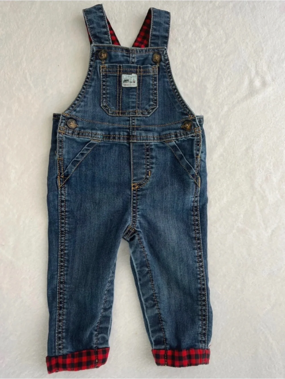 Carter's Kid Denim Overalls with Red Plaid Lining 9 Months